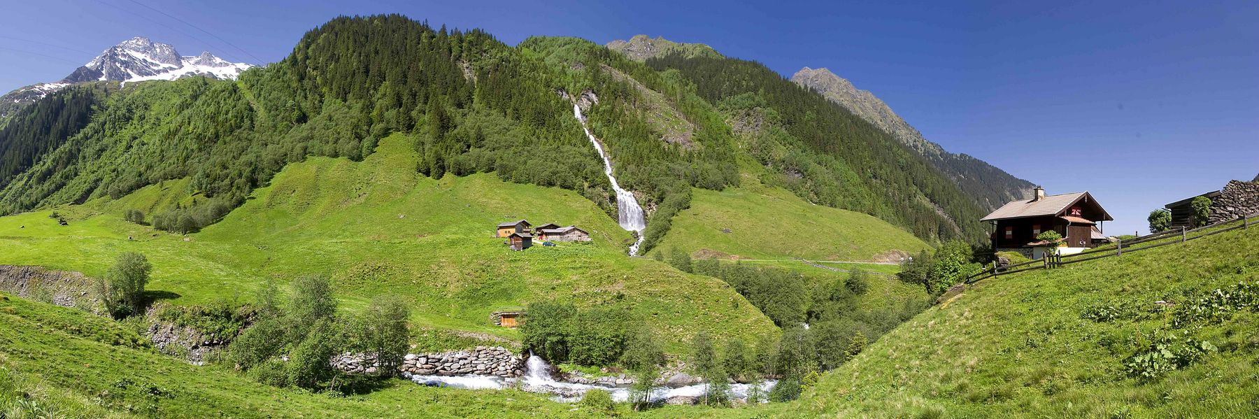 Panoramaansich Hollerbachtal bei blauem Himmel und grünen Wiesen